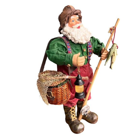 Fabric Mache Christmas Santa Claus Vacation 11” Figurine Holiday Cabincore Fish - Picture 2 of 14